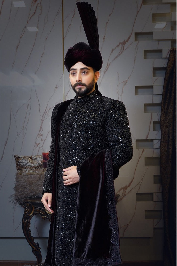 Black Velvet Based Sherwani