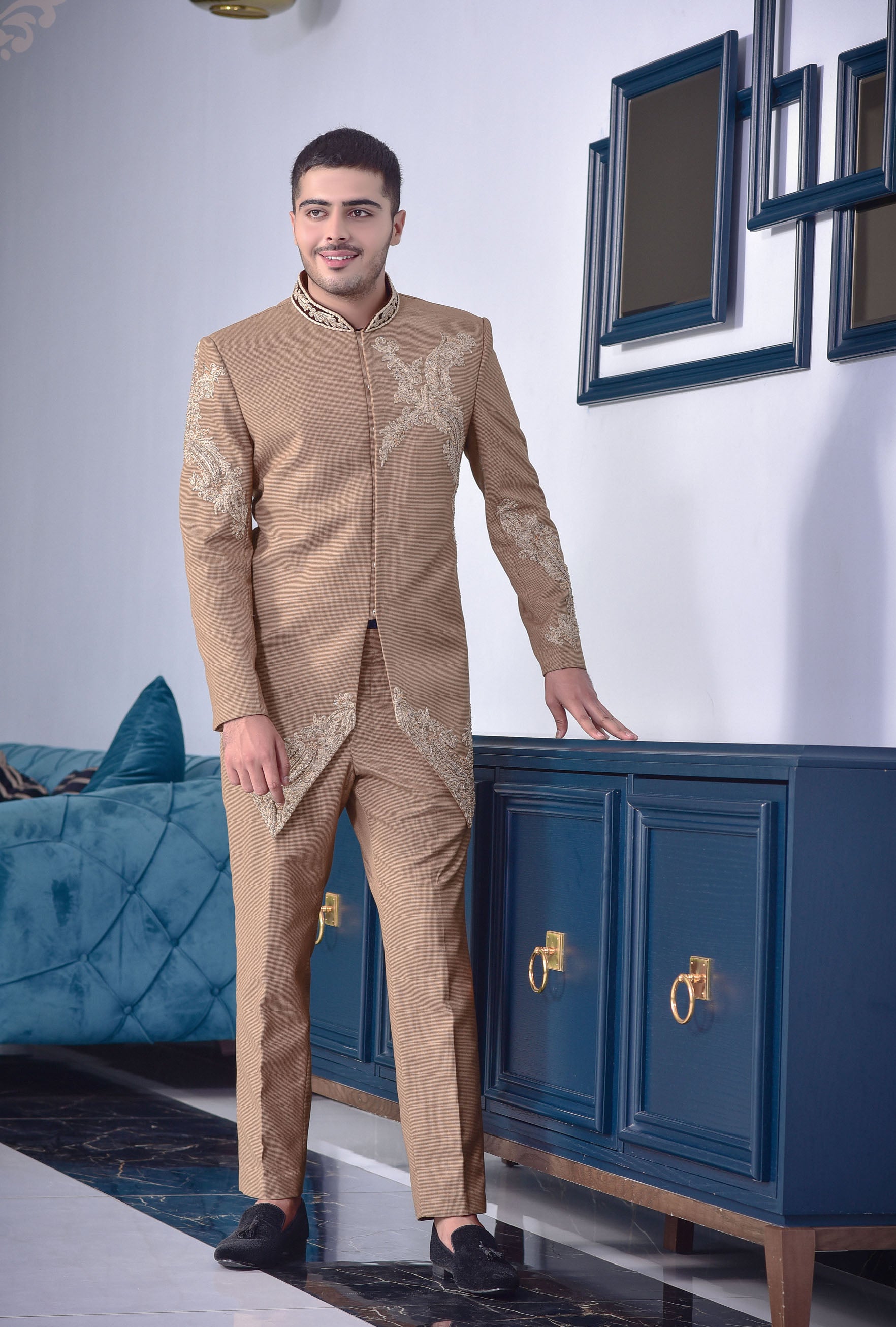 Camel Color Embroided Prince Coat