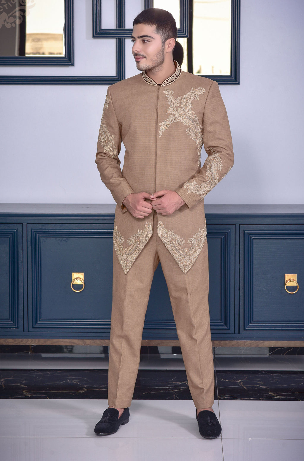 Camel Color Embroided Prince Coat
