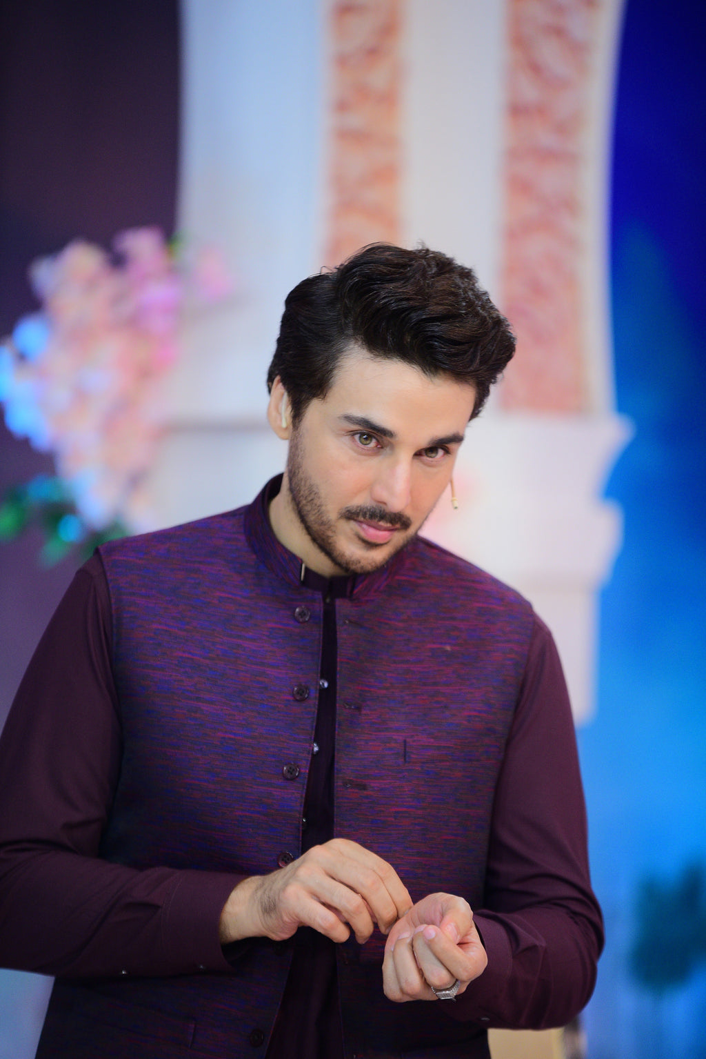 Dark Maroon Kameez Shalwar  With Banarsi Plumb Waist Coat.