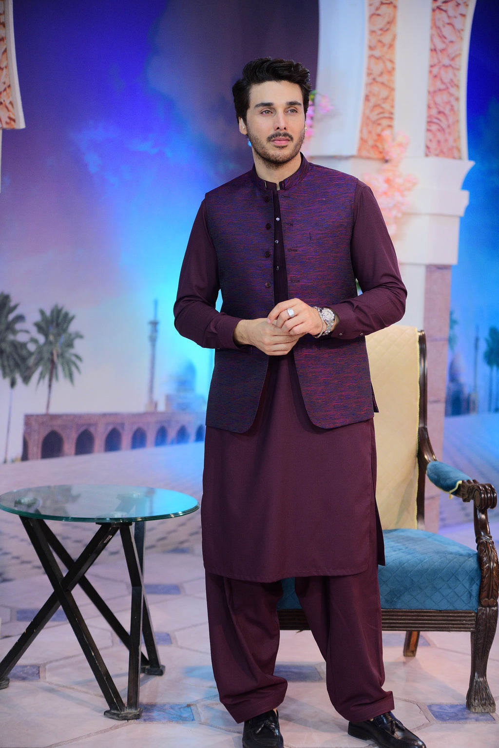 Dark Maroon Kameez Shalwar  With Banarsi Plumb Waist Coat.