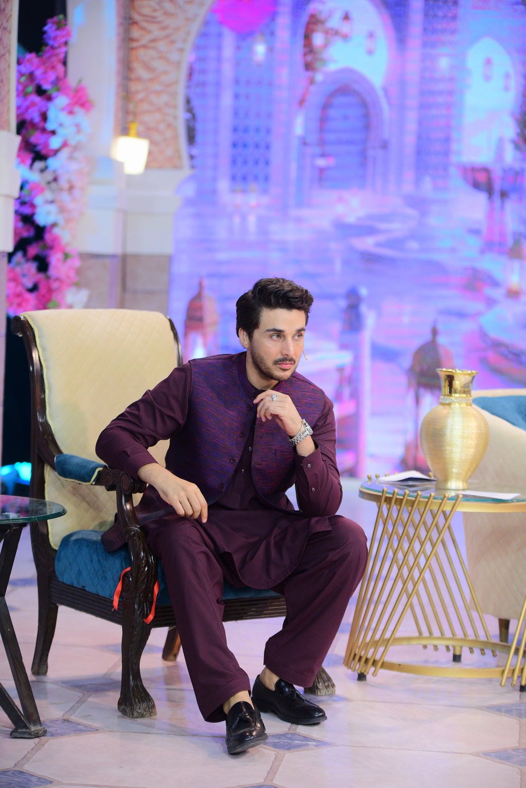 Dark Maroon Kameez Shalwar  With Banarsi Plumb Waist Coat.
