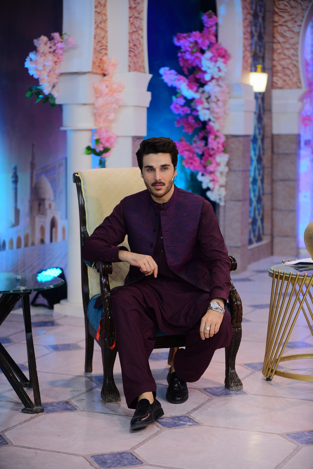 Dark Maroon Kameez Shalwar  With Banarsi Plumb Waist Coat.