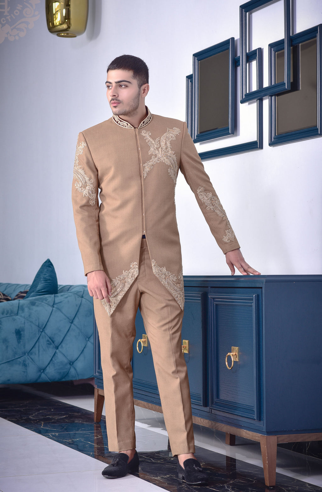 Camel Color Embroided Prince Coat