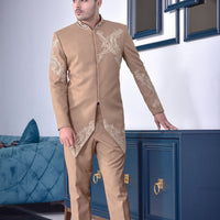 Camel Color Embroided Prince Coat
