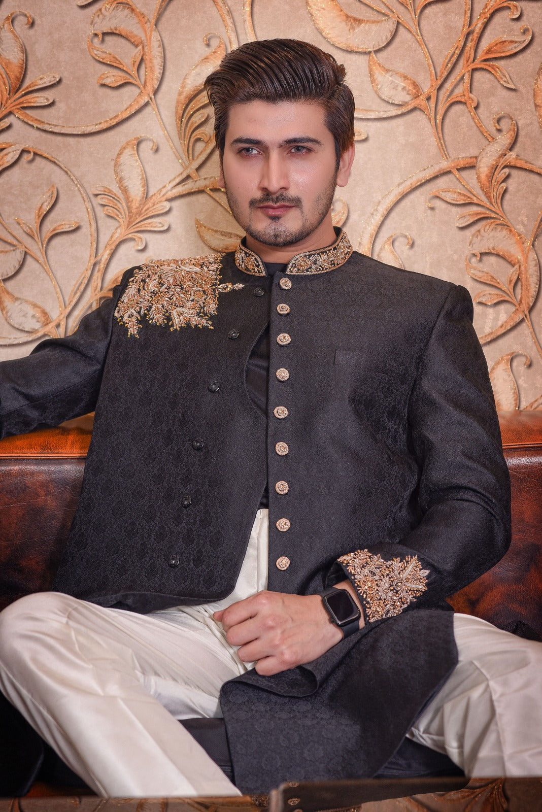 Black Jamawar Fabric Sherwani