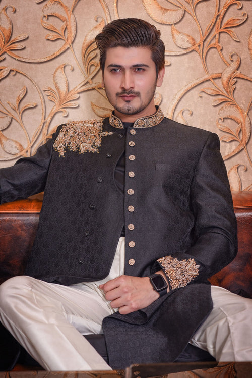 Black Jamawar Fabric Sherwani