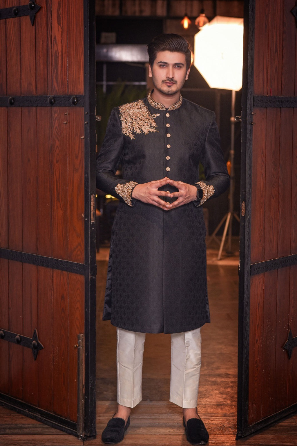 Black Jamawar Fabric Sherwani