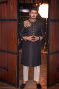 Black Jamawar Fabric Sherwani