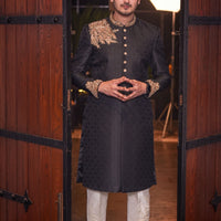 Black Jamawar Fabric Sherwani