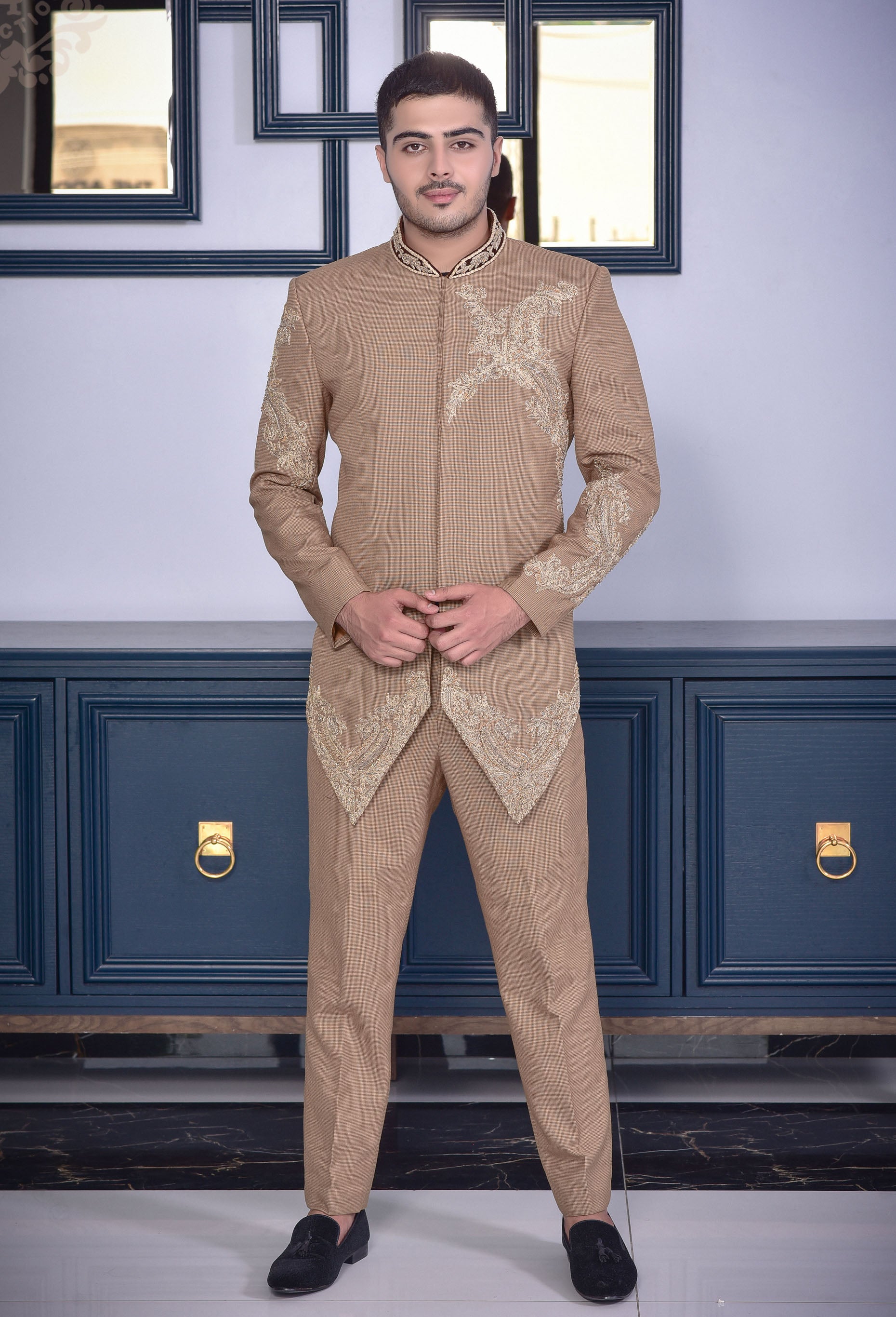 Camel Color Embroided Prince Coat