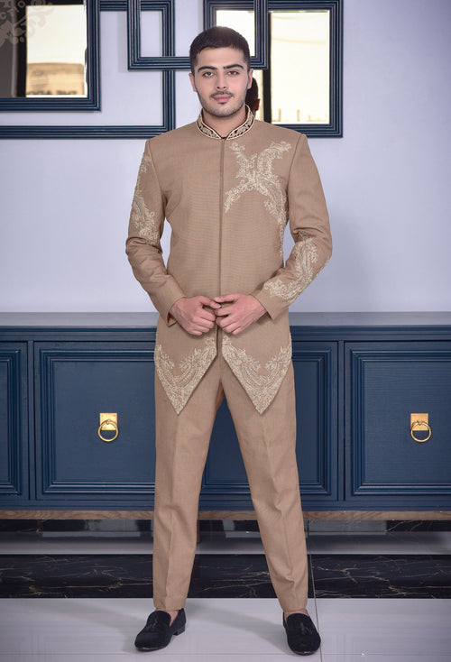Camel Color Embroided Prince Coat