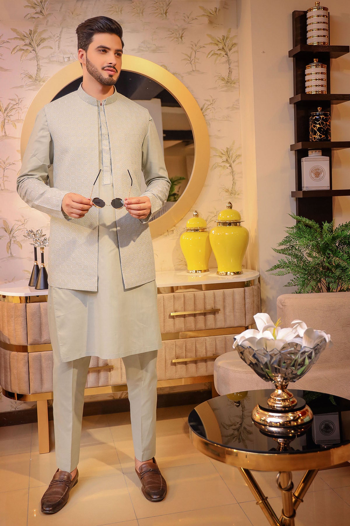 Grey Self textureed Waist Coat