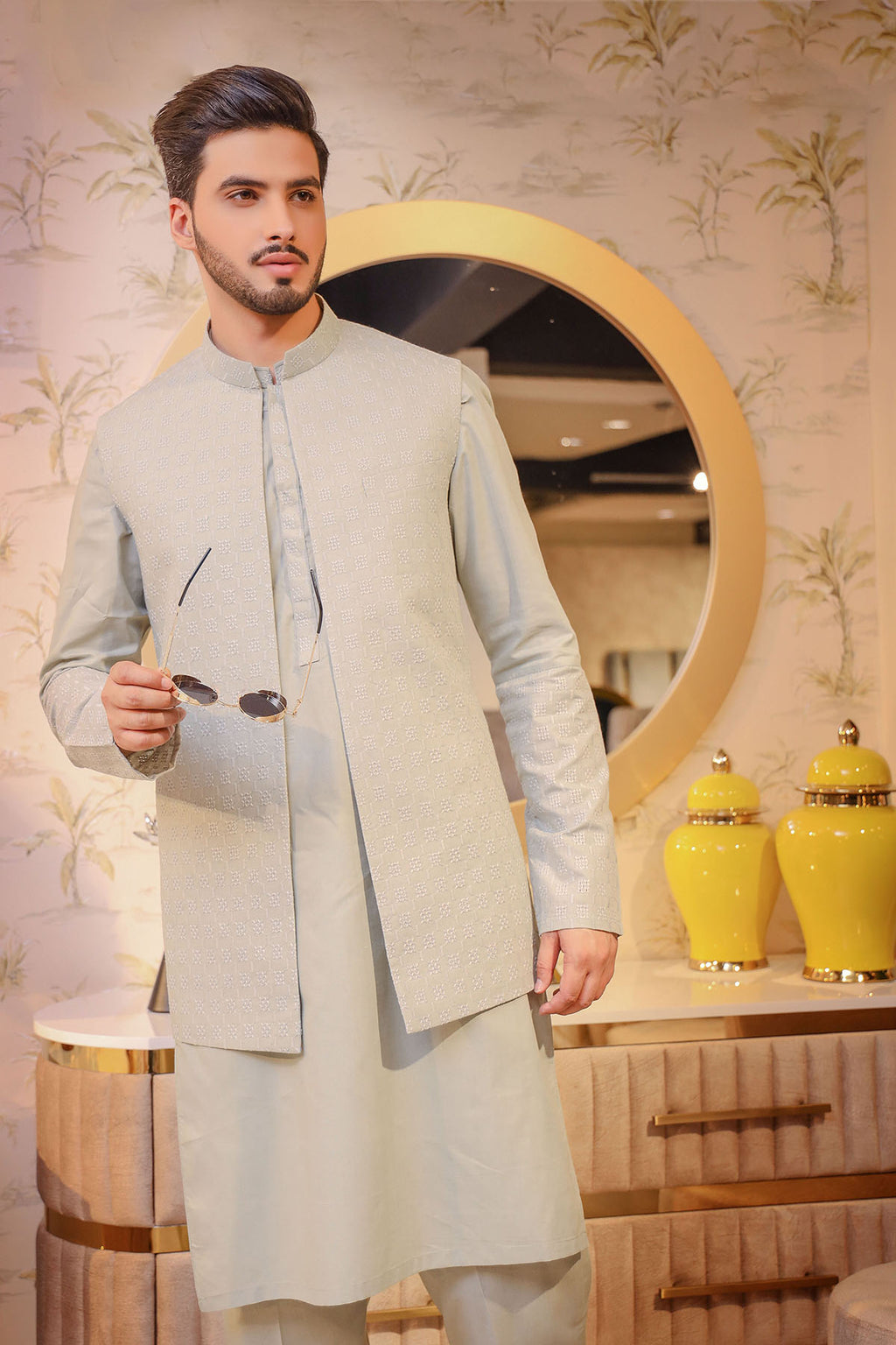Grey Self textureed Waist Coat
