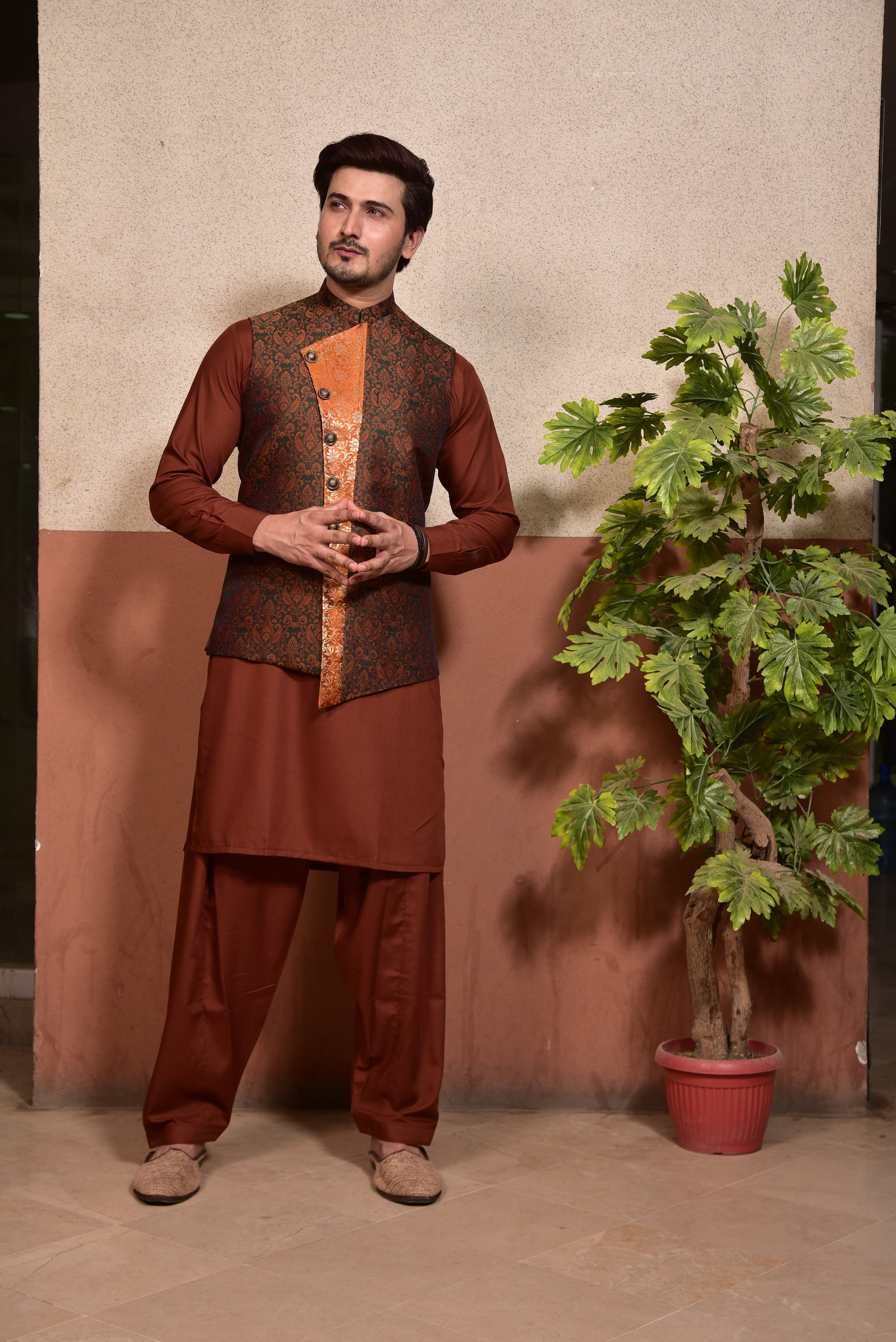 Bronze Jamawar Waist Coat