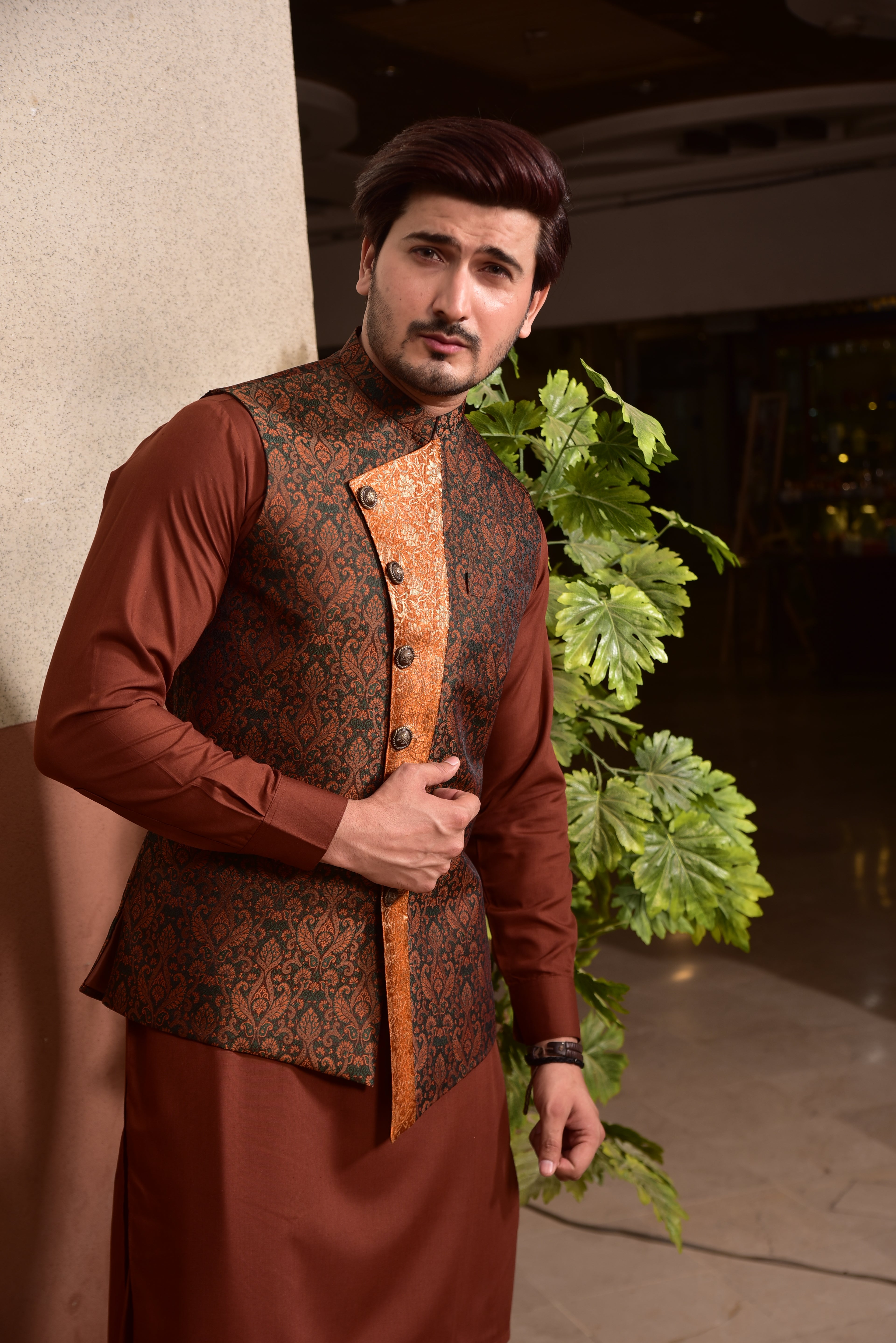 Bronze Jamawar Waist Coat