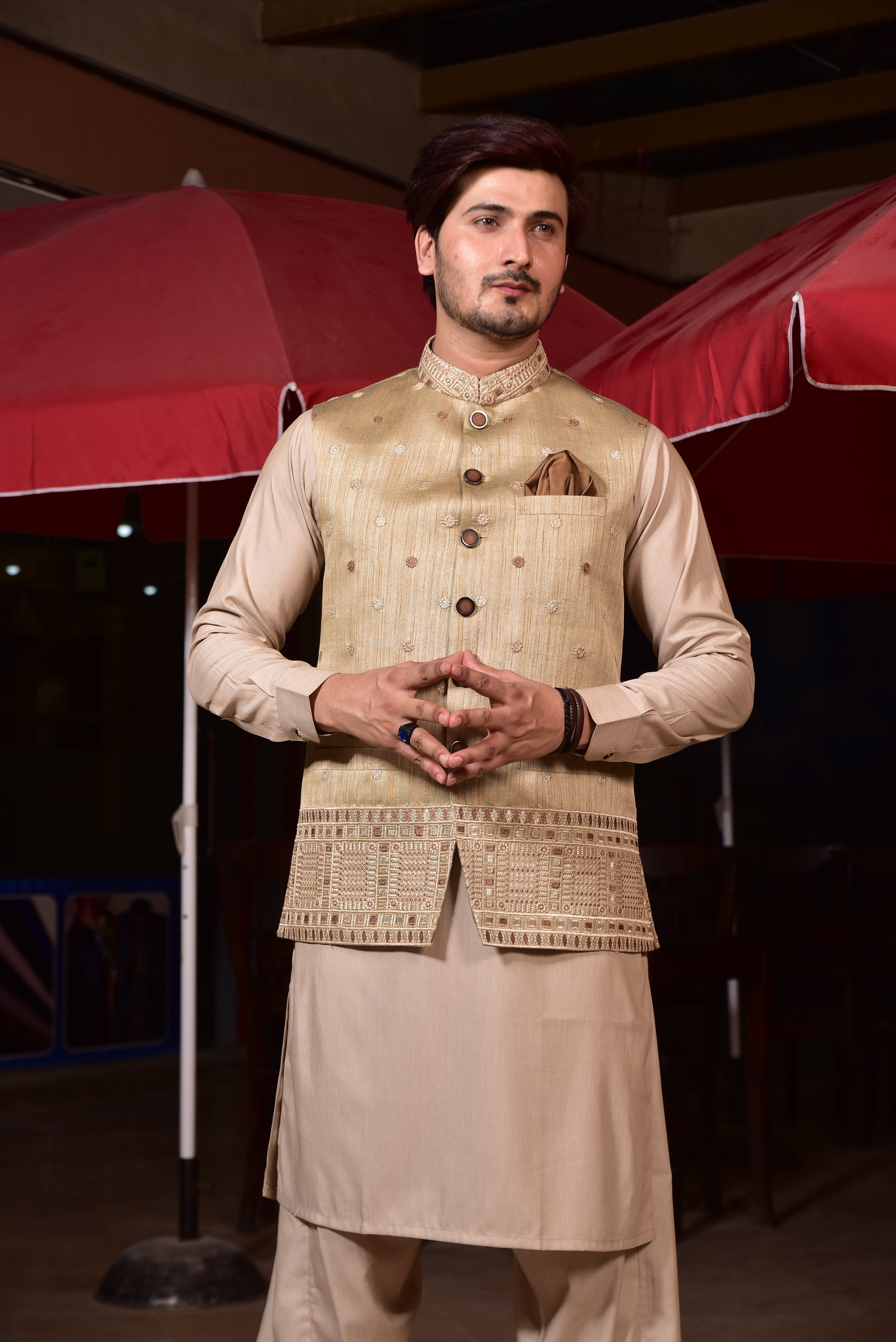 Gold Jamawar Embroided Waist Coat