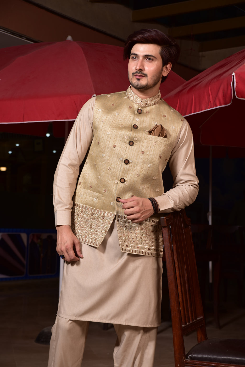 Gold Jamawar Embroided Waist Coat