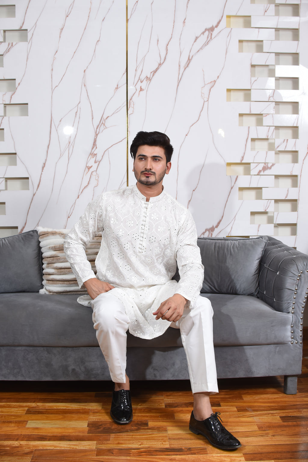 White Chiken kari Kurta Trousers