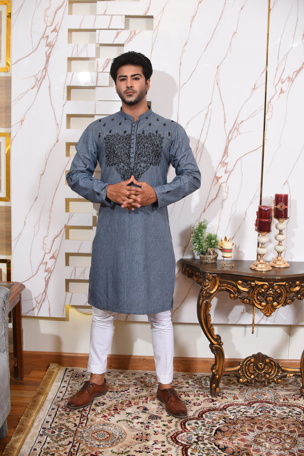Blue Denim Textured Kurta