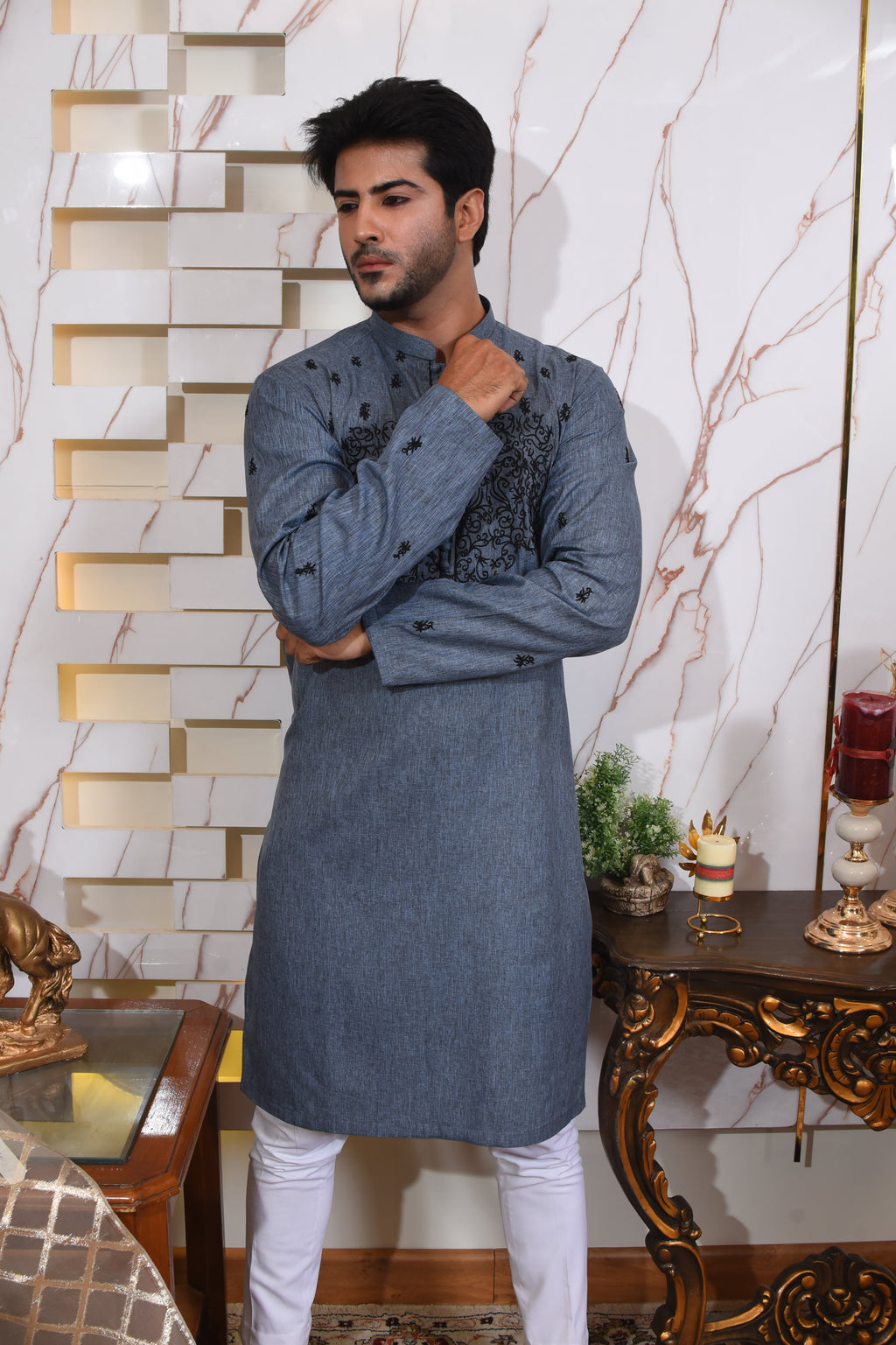 Blue Denim Textured Kurta