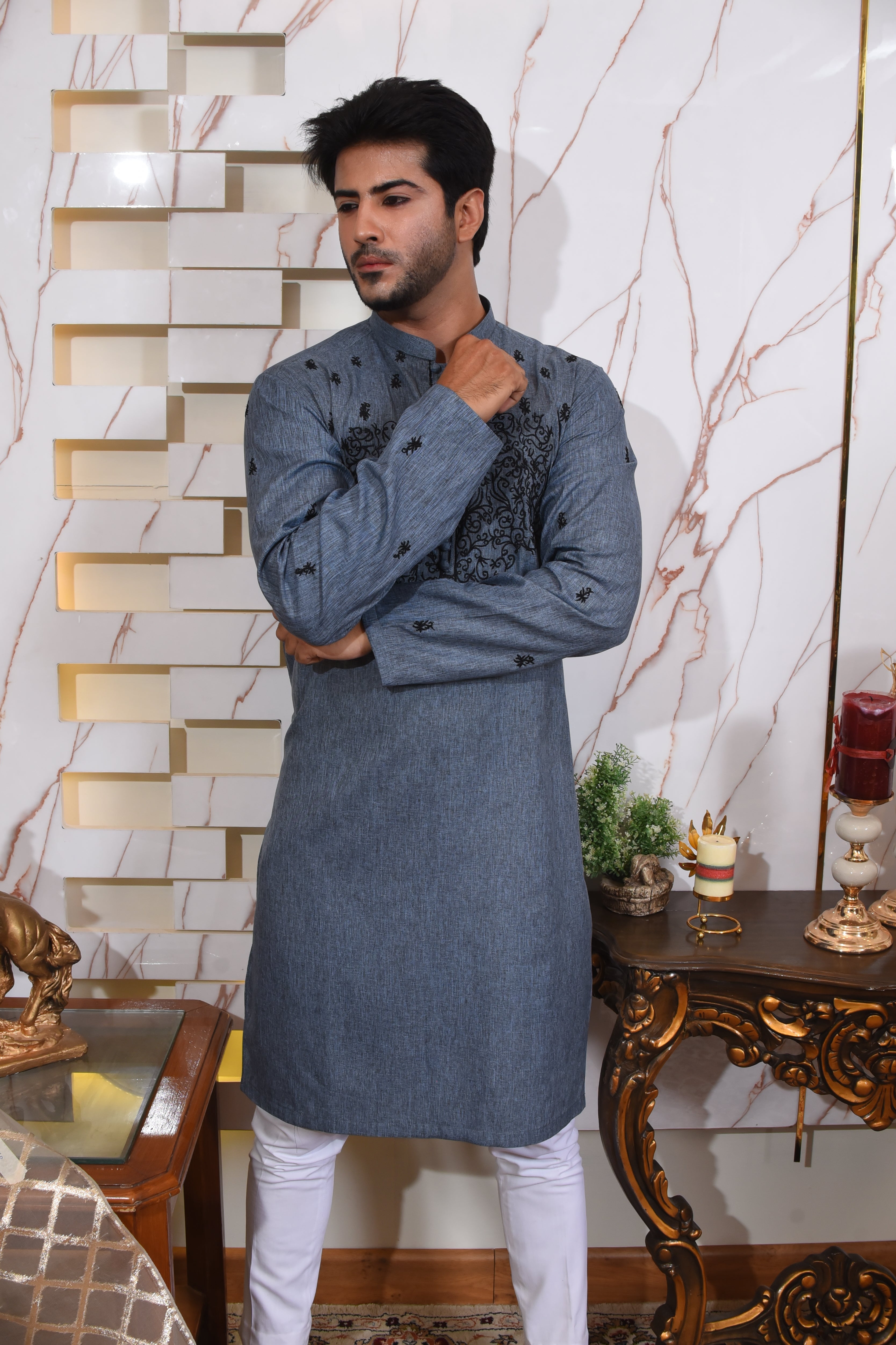 Blue Denim Textured Kurta