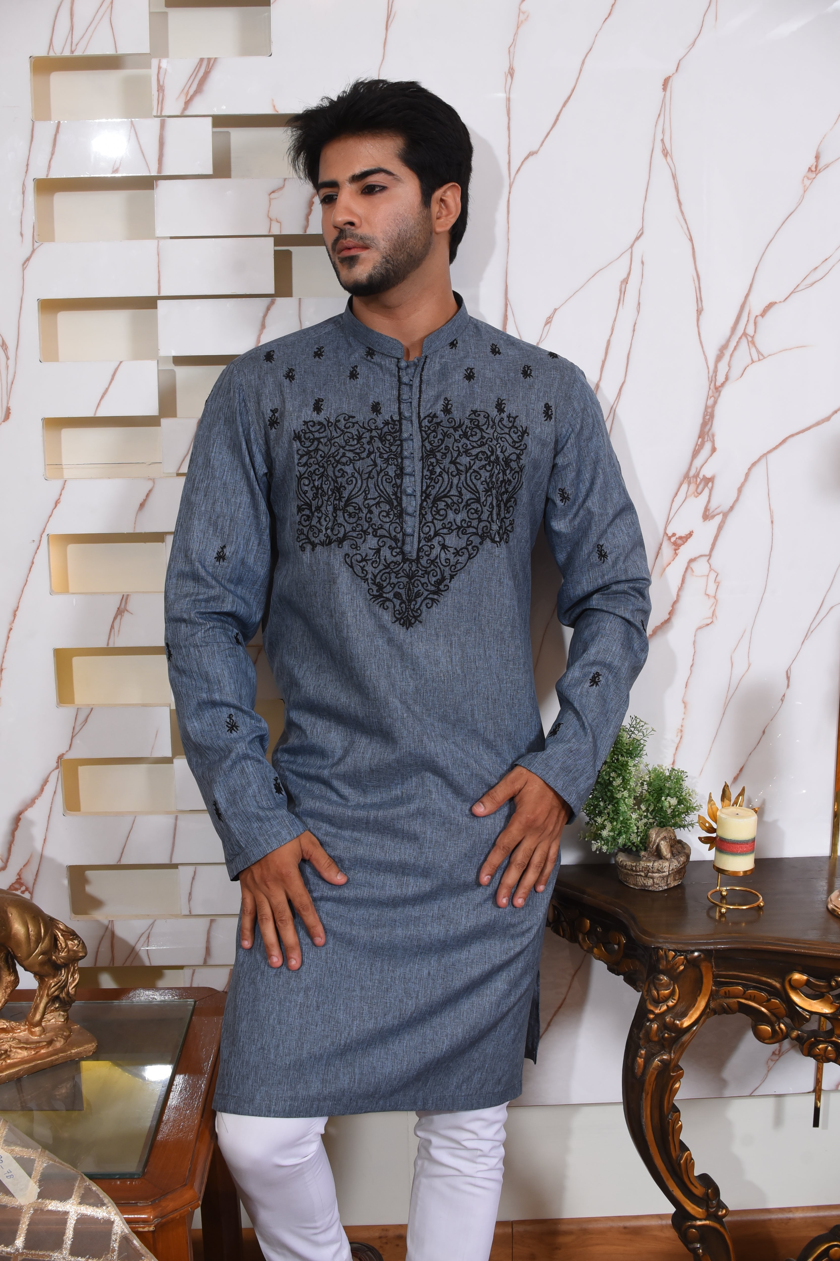 Blue Denim Textured Kurta