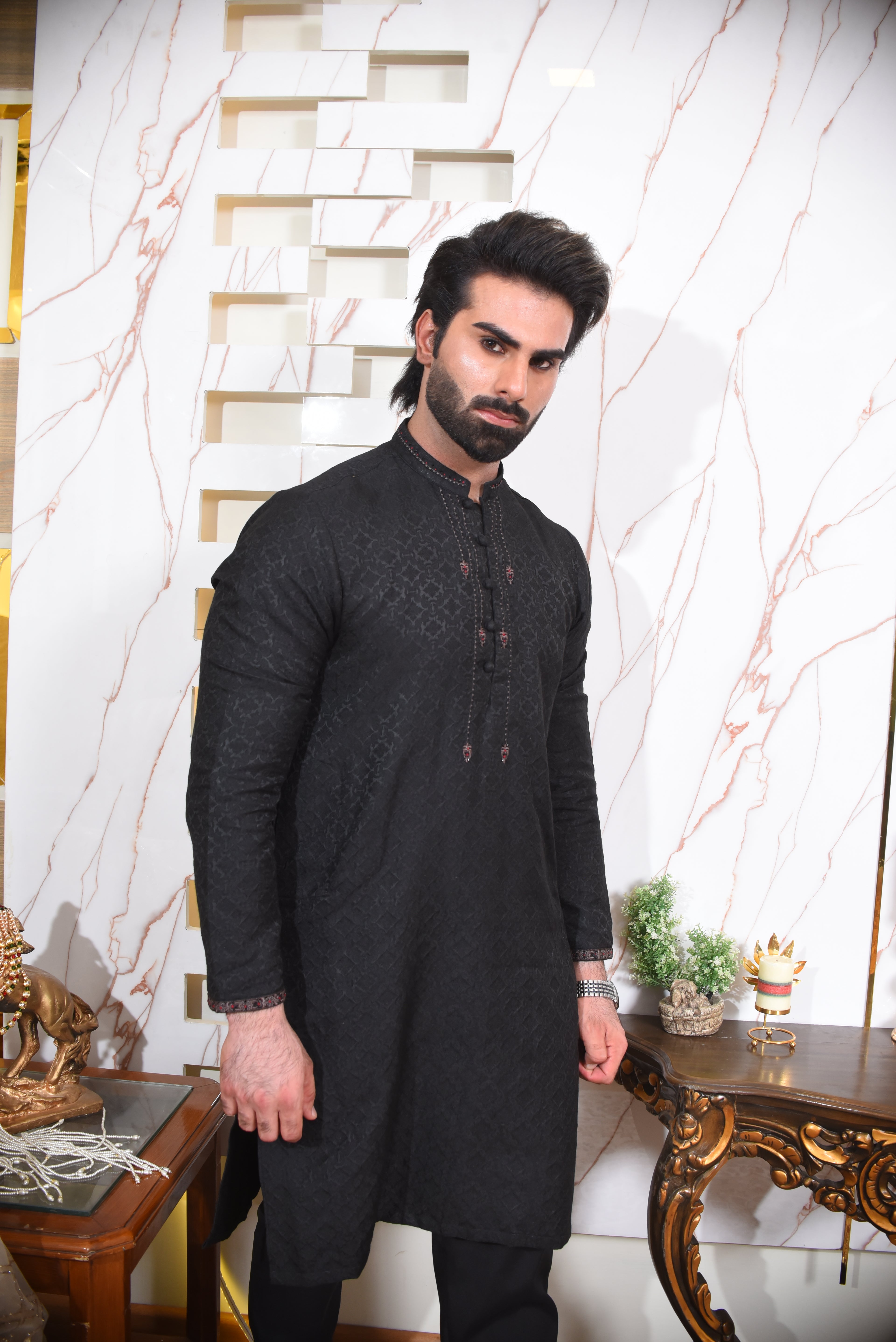 Black Self Textured Kurta