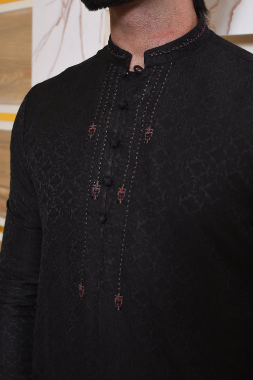 Black Self Textured Kurta