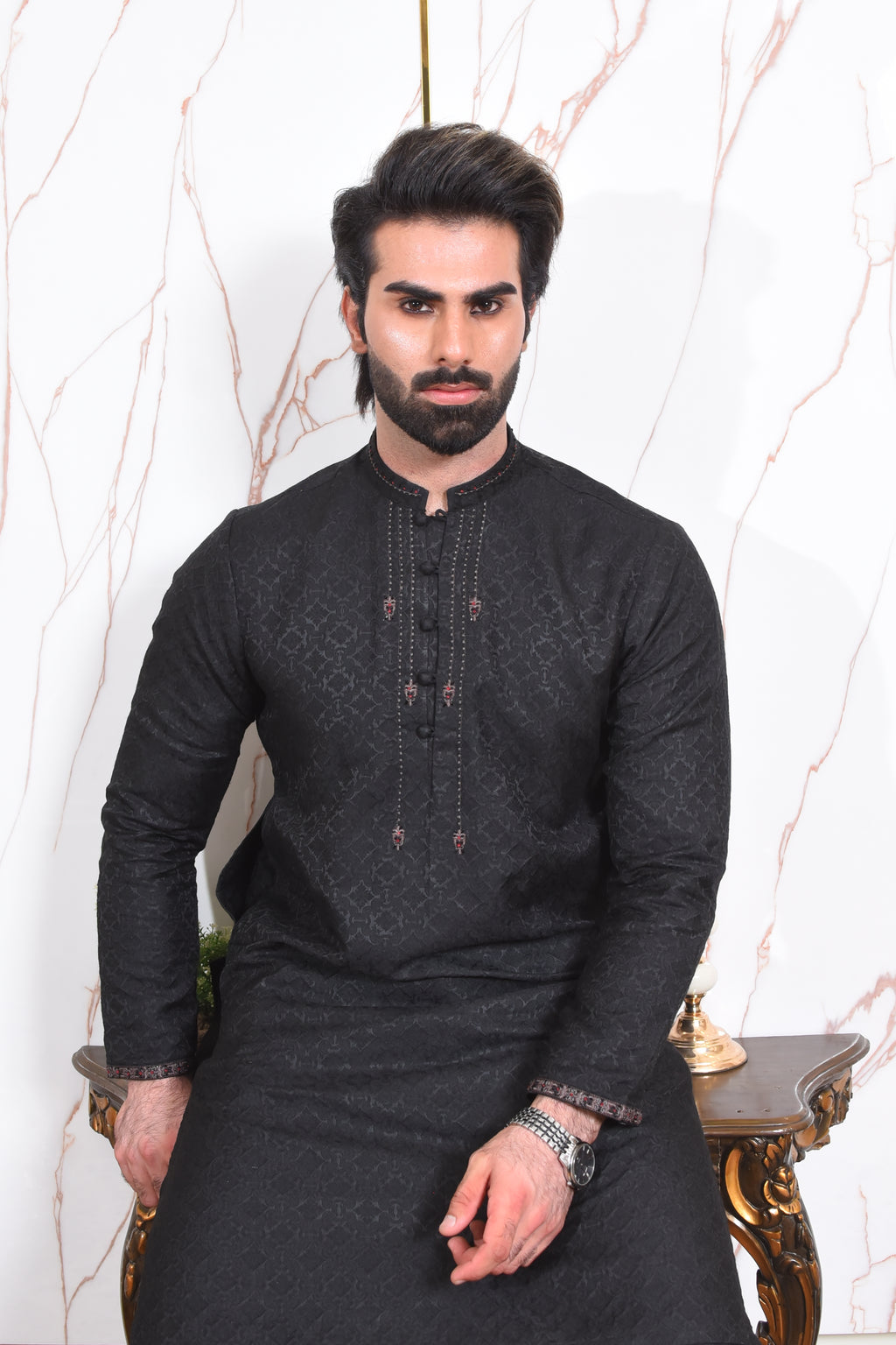 Black Self Textured Kurta