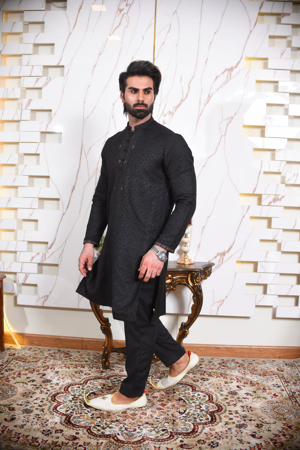 Black Self Textured Kurta