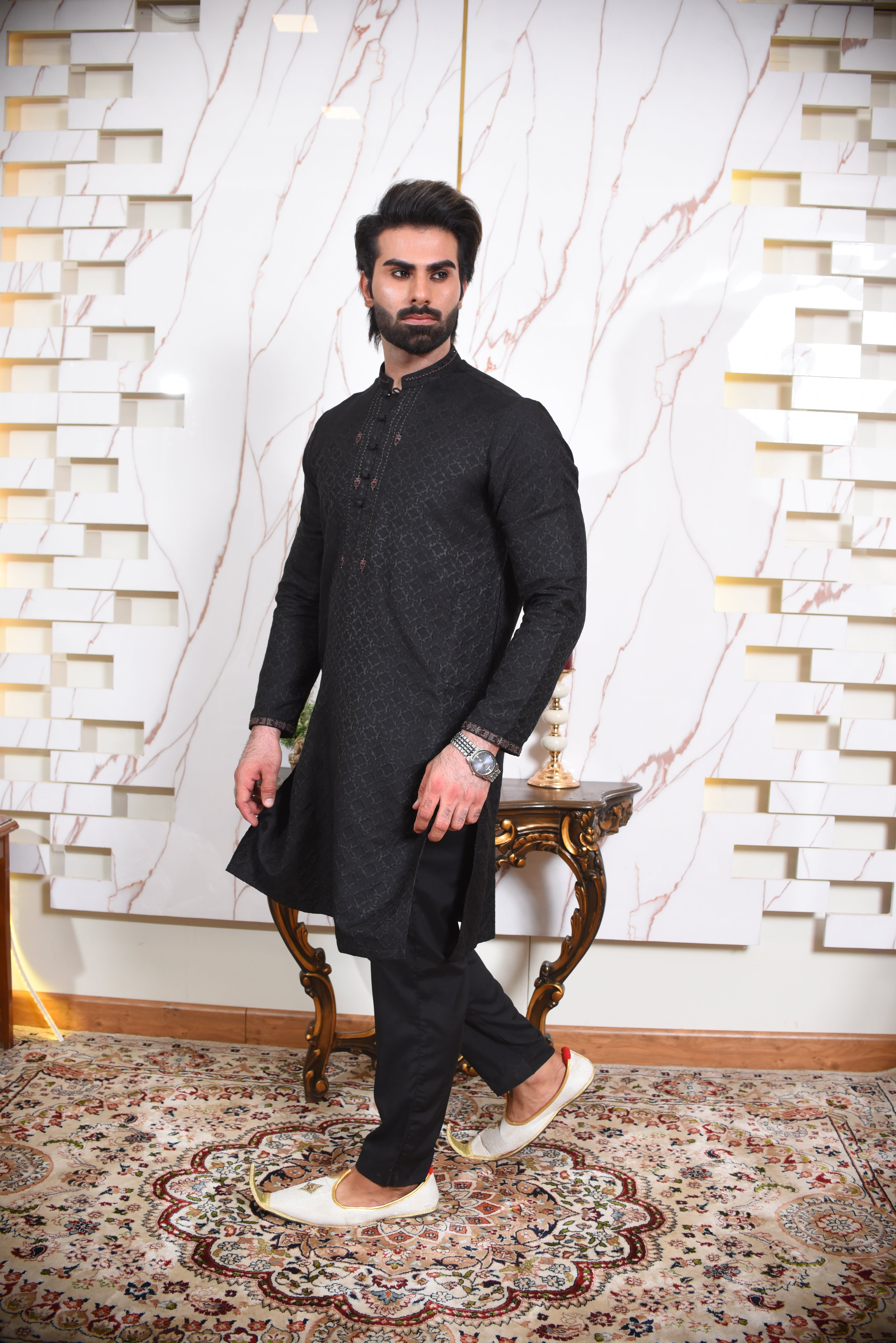 Black Self Textured Kurta