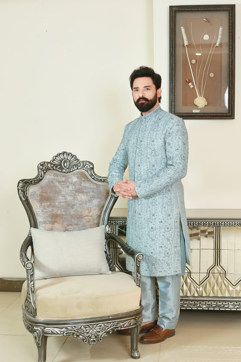 Ice Blue Handworked Sherwani
