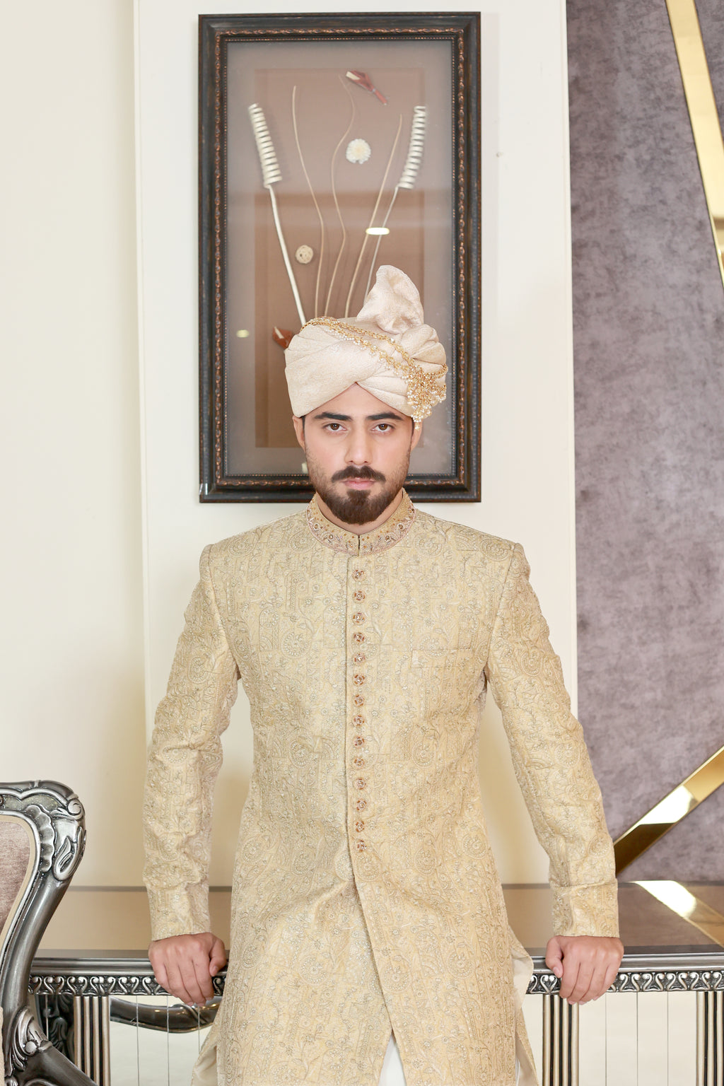 Fawn Gold Abstract Thread Sherwani