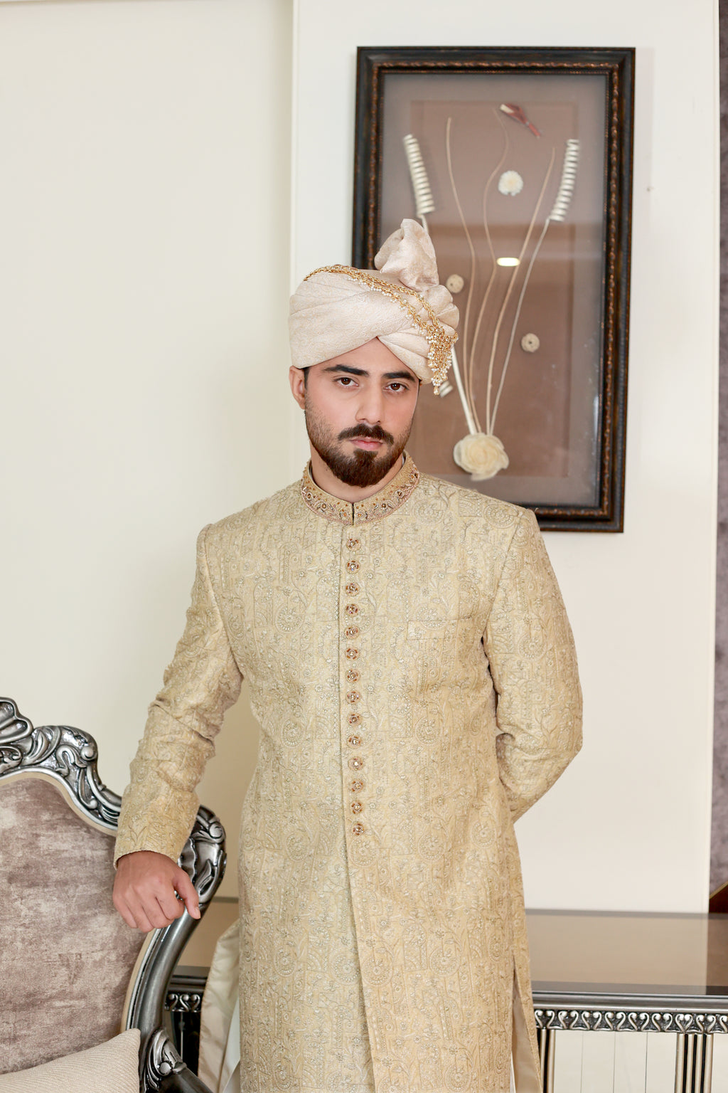 Fawn Gold Abstract Thread Sherwani
