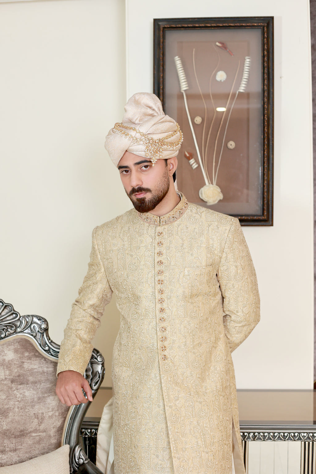 Fawn Gold Abstract Thread Sherwani
