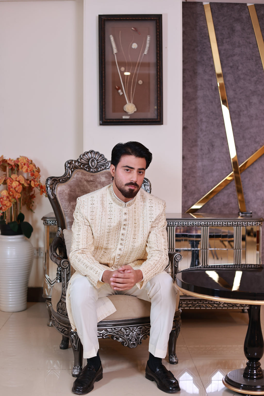 Off White Striped & Thread Work Sherwani