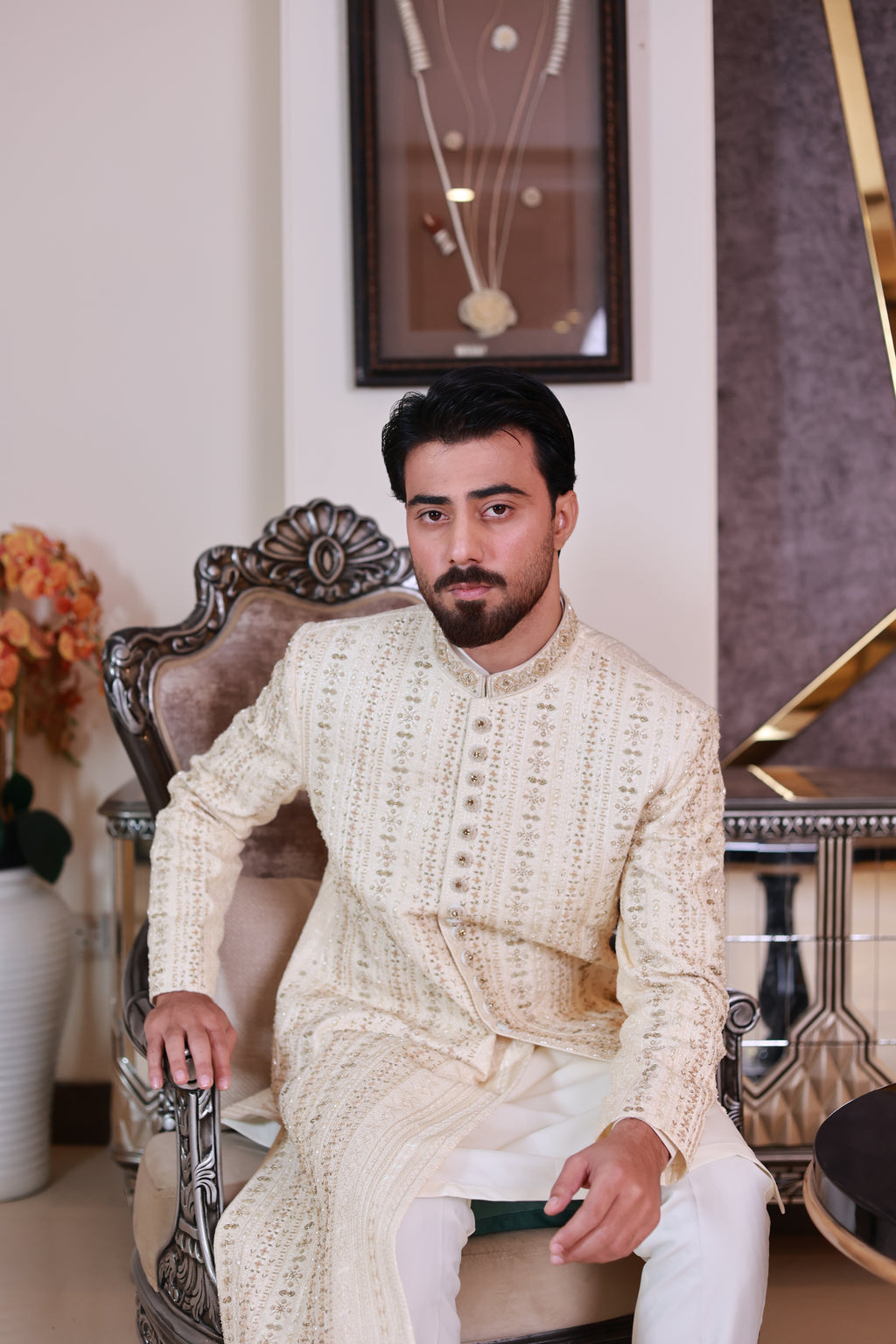 Off White Striped & Thread Work Sherwani