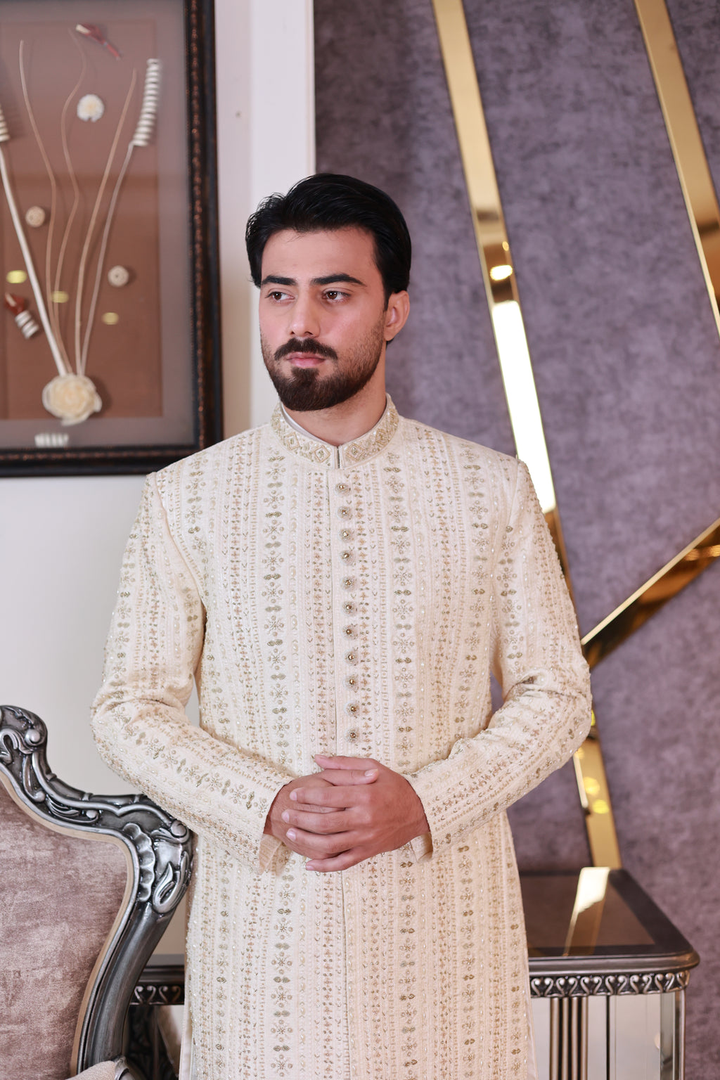 Off White Striped & Thread Work Sherwani