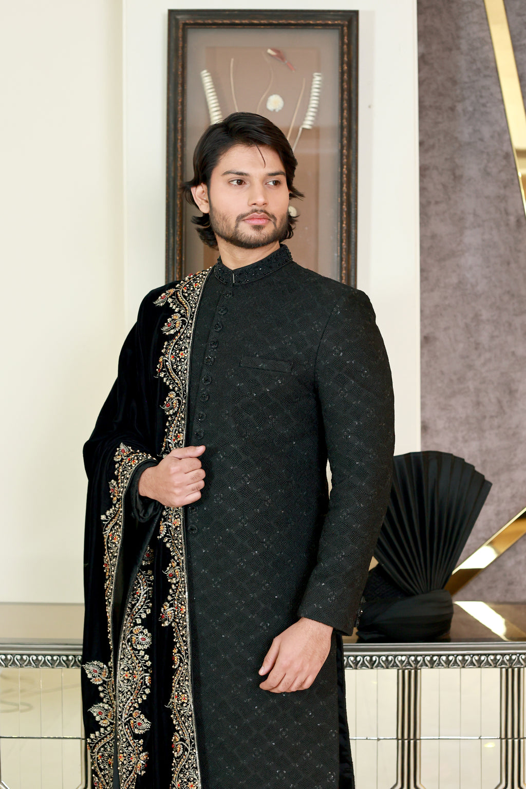 Black Thread Sherwani