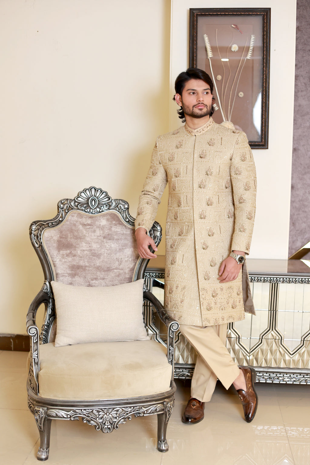 Almond Gold Embroidered Sherwani