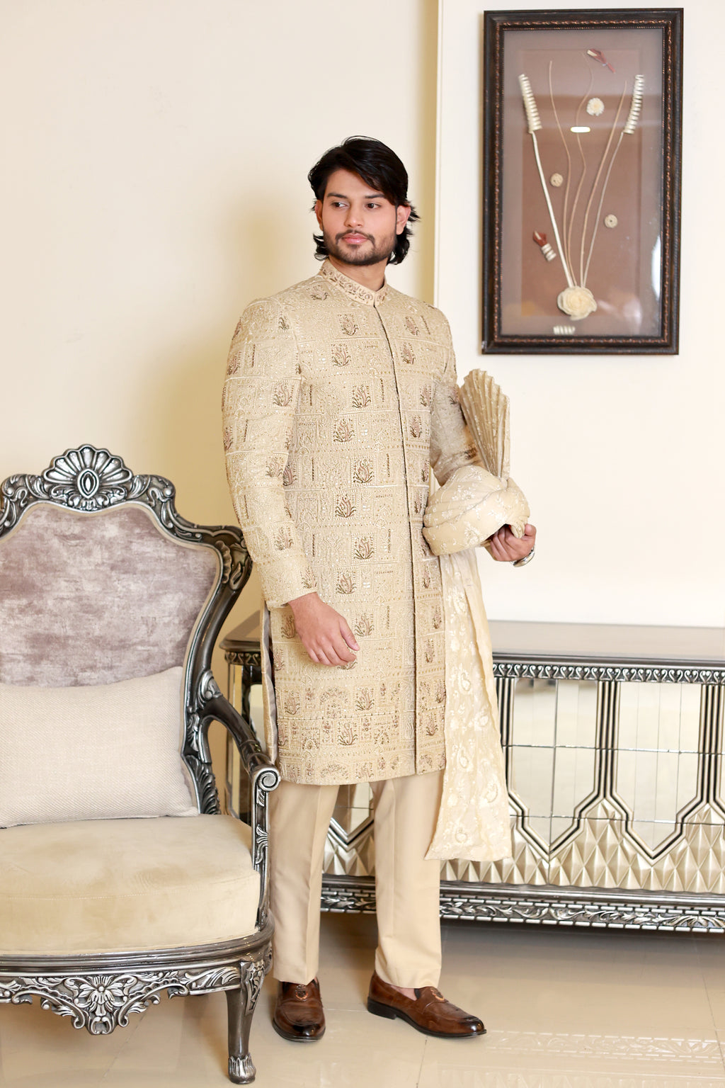 Almond Gold Embroidered Sherwani