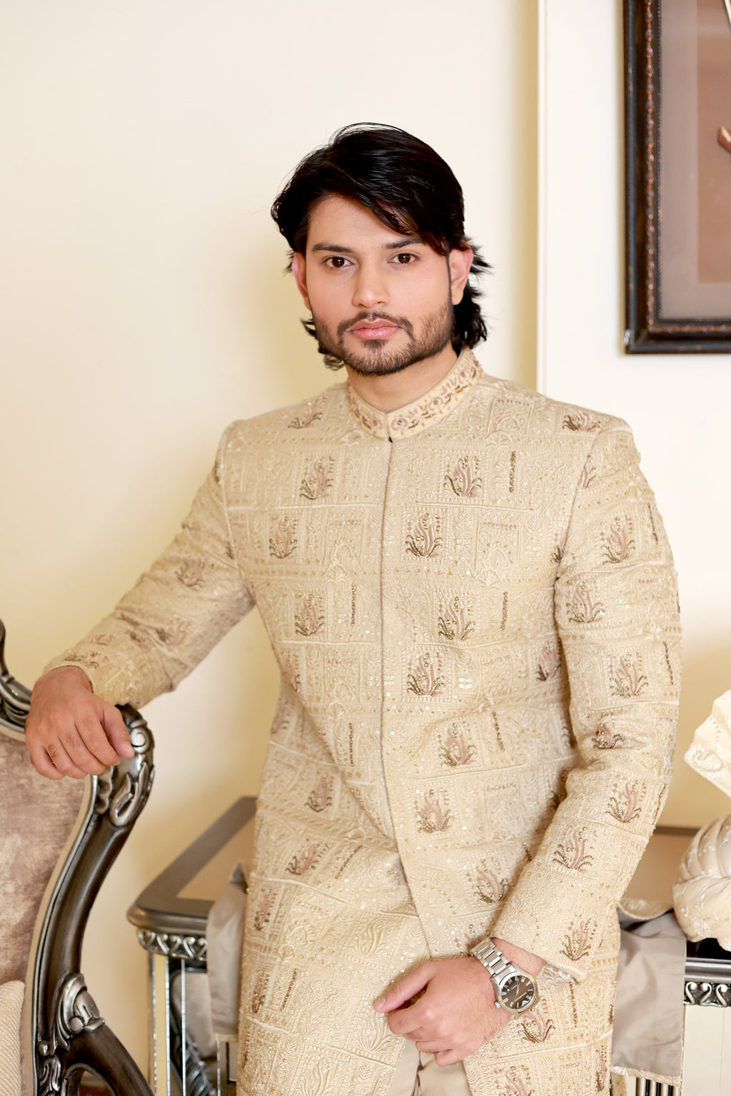 Almond Gold Embroidered Sherwani