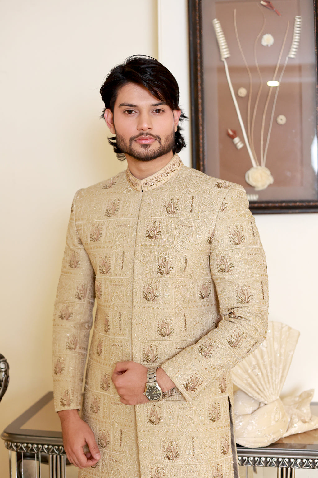Almond Gold Embroidered Sherwani