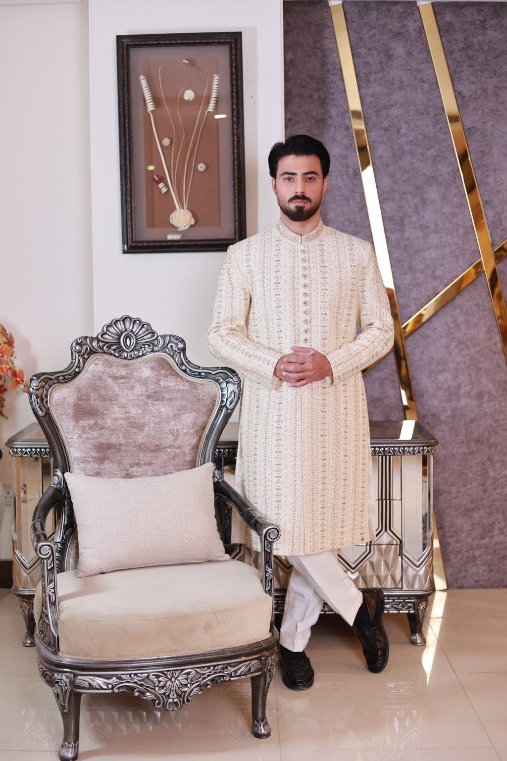 Off White Striped & Thread Work Sherwani