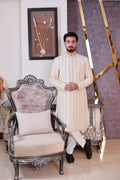 Off White Striped & Thread Work Sherwani
