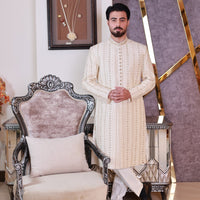 Off White Striped & Thread Work Sherwani