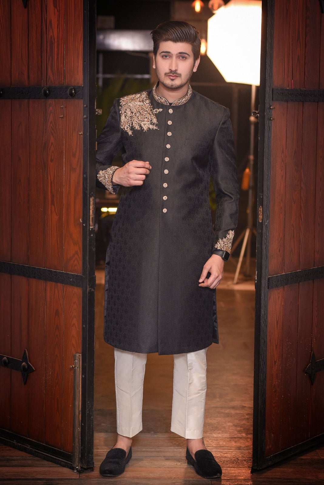 Black Jamawar Fabric Sherwani